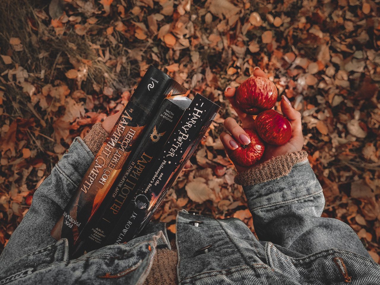 Top view of books and red apples held over fallen autumn leaves, creating a warm and cozy atmosphere.